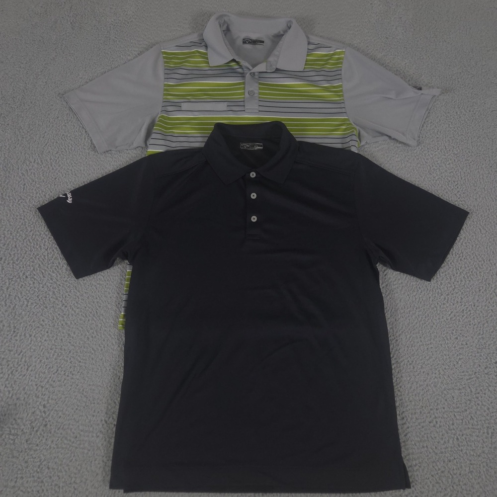 LOT OF 2 Callaway Polo Shirt Mens Large Striped Solid Performance Polyester Golf